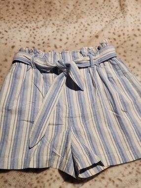 Express Blue & White Striped Paperbag Waist Shorts